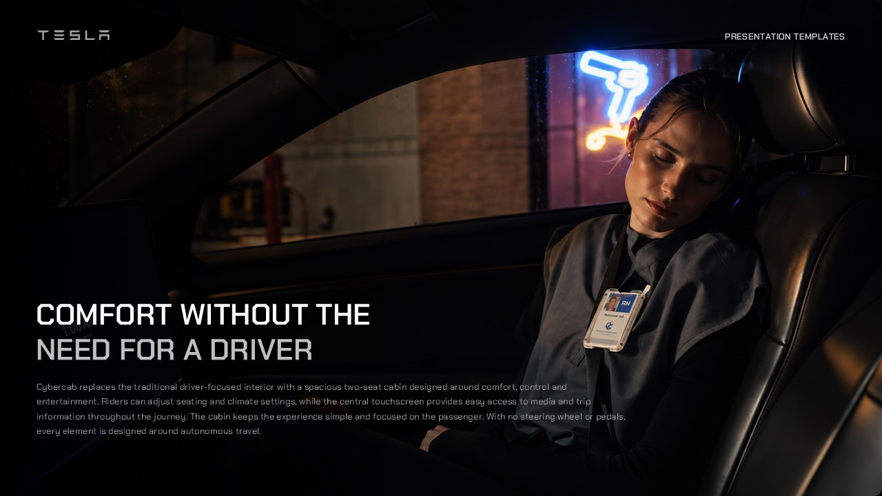 Tesla Cybercab Template - lifestyle slide with dark cabin interior image and 'Comfort Without the Need for a Driver' headline