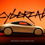 Tesla Cybercab Template - cover slide with orange gradient background, golden vehicle render, and bold stylized title