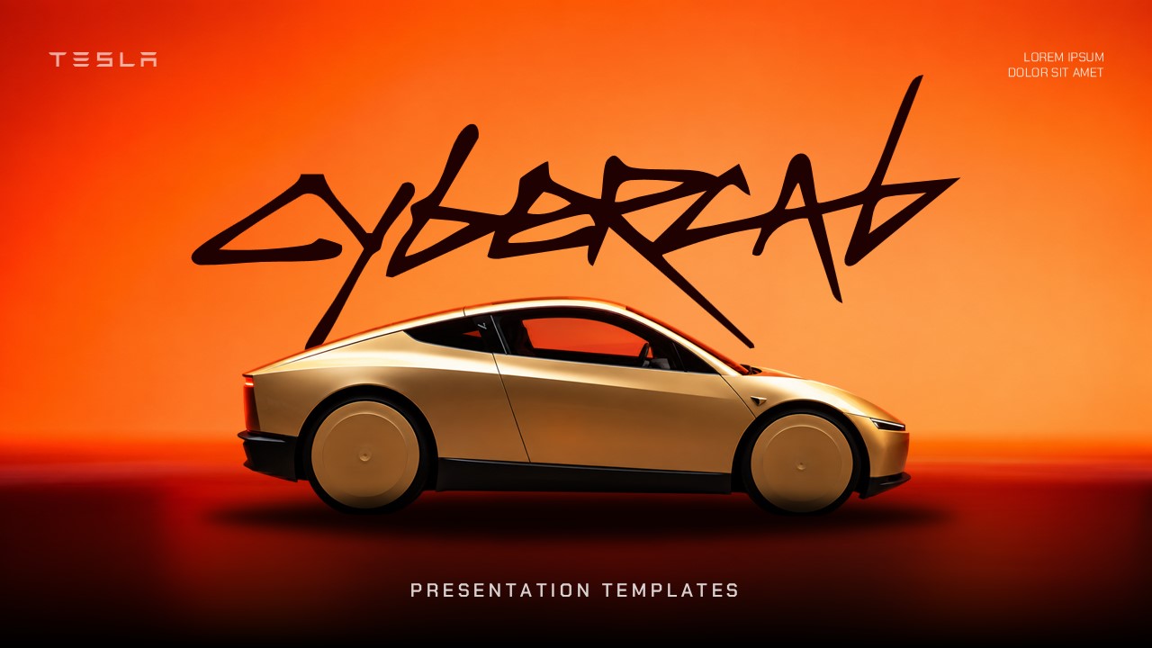 Tesla Cybercab Template - cover slide with orange gradient background, golden vehicle render, and bold stylized title