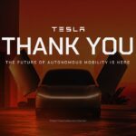 Tesla Cybercab Template - closing thank you slide with orange-red gradient, Cybercab silhouette, and 'Future of Autonomous Mobility' tagline