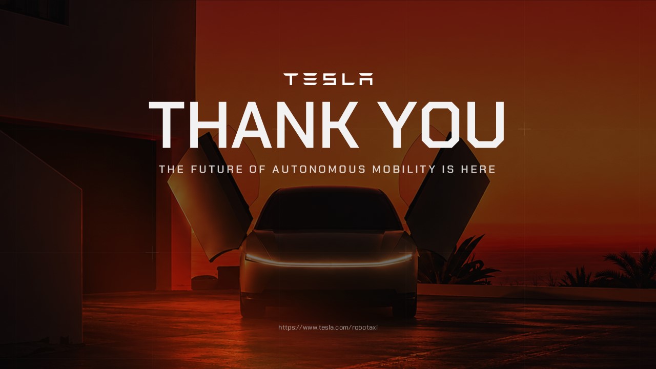 Tesla Cybercab Template - closing thank you slide with orange-red gradient, Cybercab silhouette, and 'Future of Autonomous Mobility' tagline