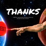 The Great Meme Reset Template - closing thank-you slide with God pressing a red reset button in space, Sistine Chapel composite