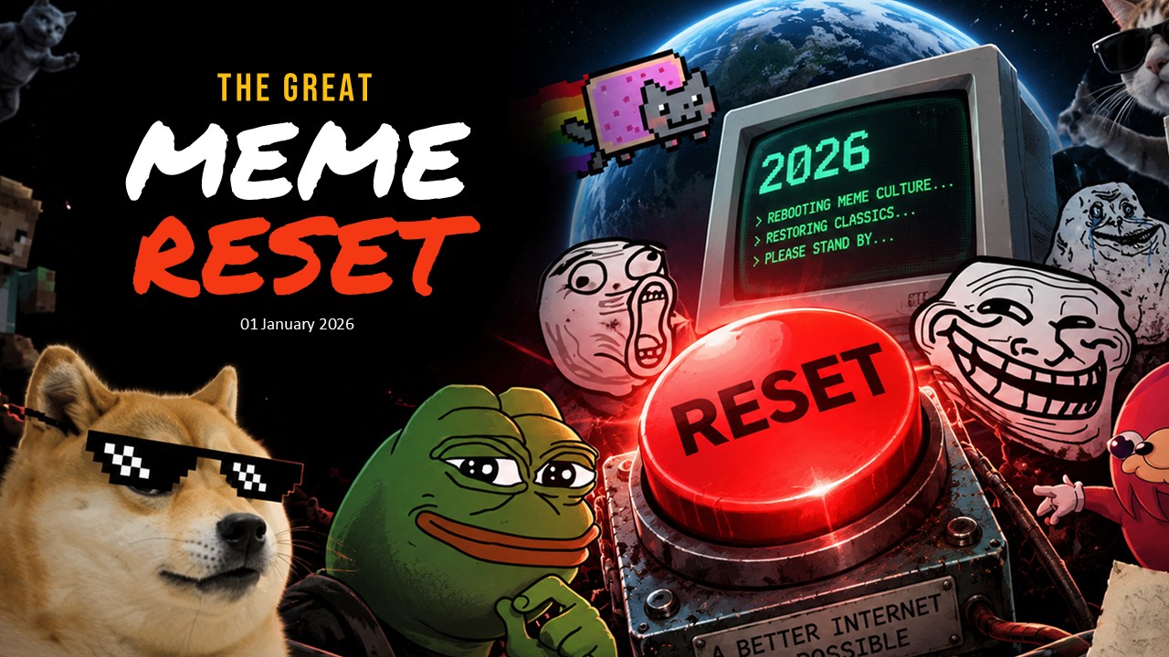 The Great Meme Reset Template - cinematic cover slide with retro monitor, red reset button, and classic meme characters