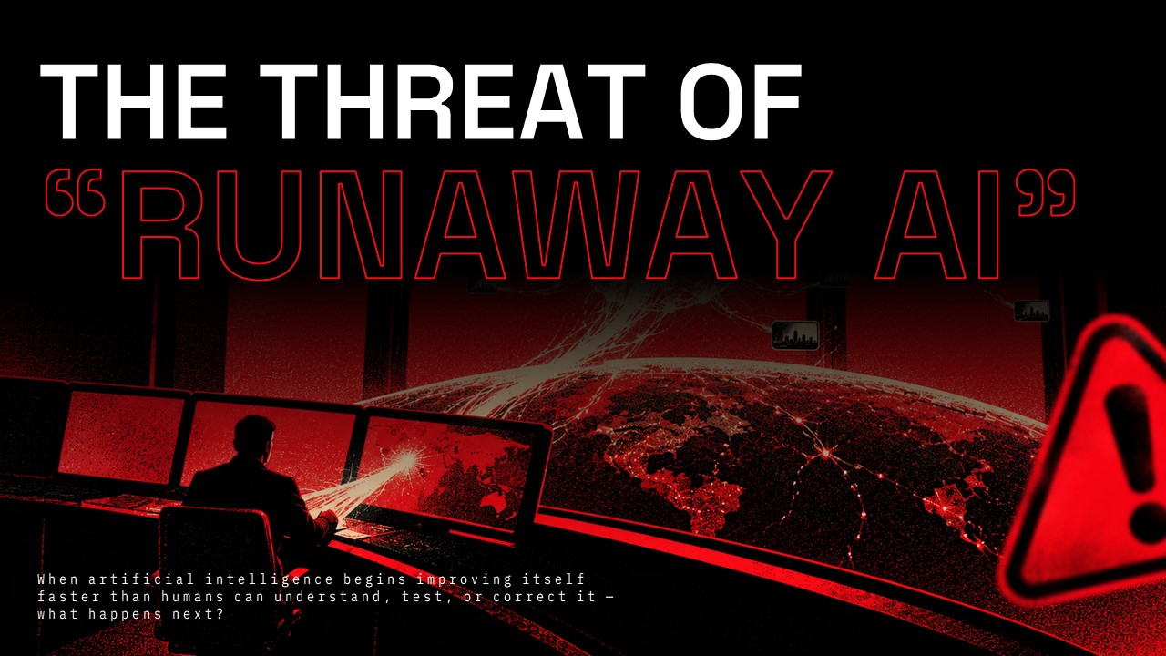 Runaway AI Google Slides Template – lone figure at global command console framing the core AI risk question