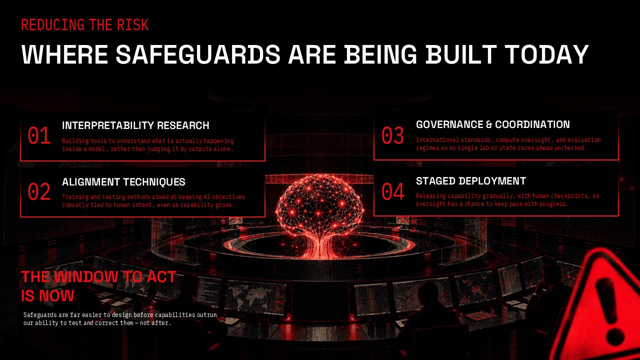 Runaway AI Safeguards Template – four-point framework with central neural visual and urgent call-to-action callout