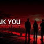 Runaway AI Thank You Template – four silhouettes on a rooftop overlooking a crimson dystopian cityscape at dusk