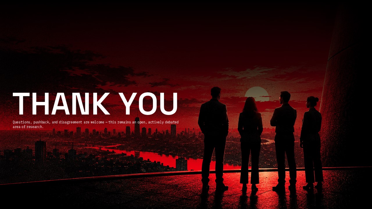 Runaway AI Thank You Template – four silhouettes on a rooftop overlooking a crimson dystopian cityscape at dusk