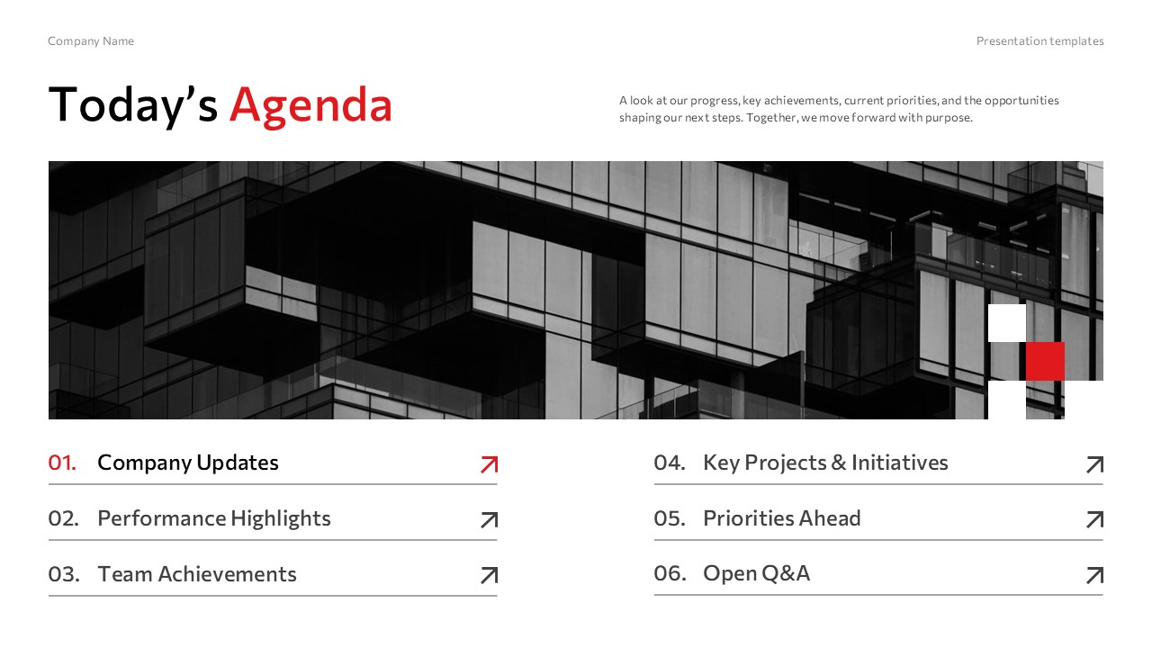 Town Hall Meeting Template - Agenda slide to outline six key meeting topics for attendees