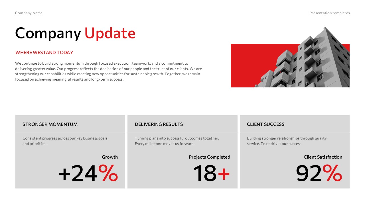 Town Hall Meeting Template - Company update slide to present key KPIs and business performance metrics