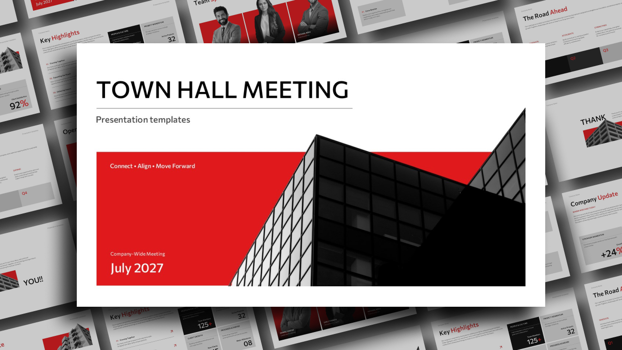 Town Hall Meeting Google Slides & PowerPoint Template - 11-slide deck preview for corporate meetings