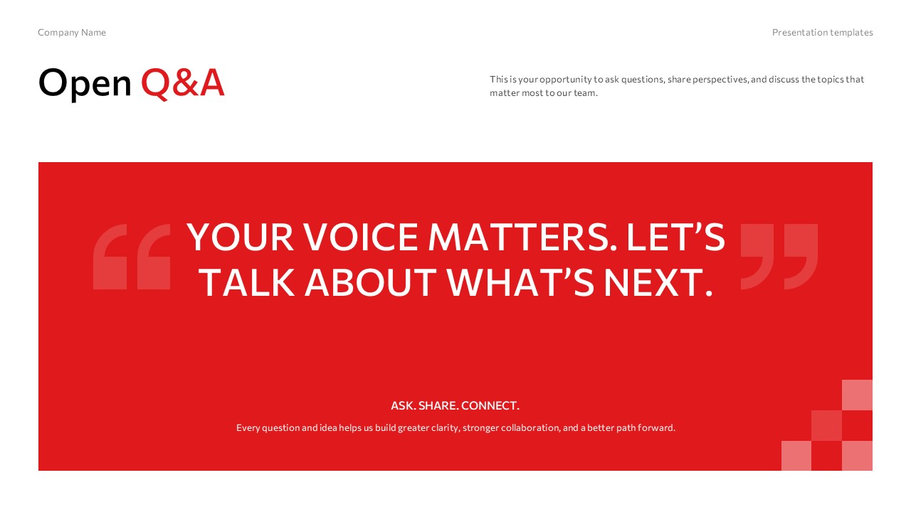 Town Hall Meeting Template - Open Q&A slide to invite employee questions and encourage participation