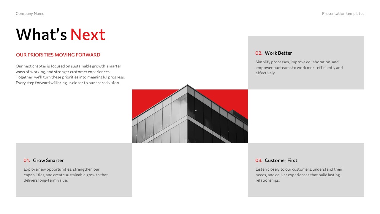 Town Hall Meeting Template - Strategic priorities slide to present forward-looking company goals