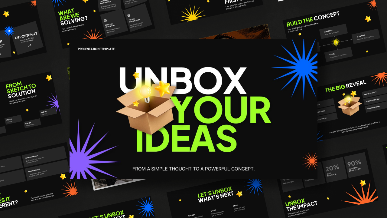 Unbox Your Ideas Template - Bold dark-themed Google Slides & PowerPoint deck for startup pitches and innovation presentations
