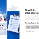 2026 Election Rule Changes Template – blue slide with passport photos and a six-step first-time voter checklist for new citizens