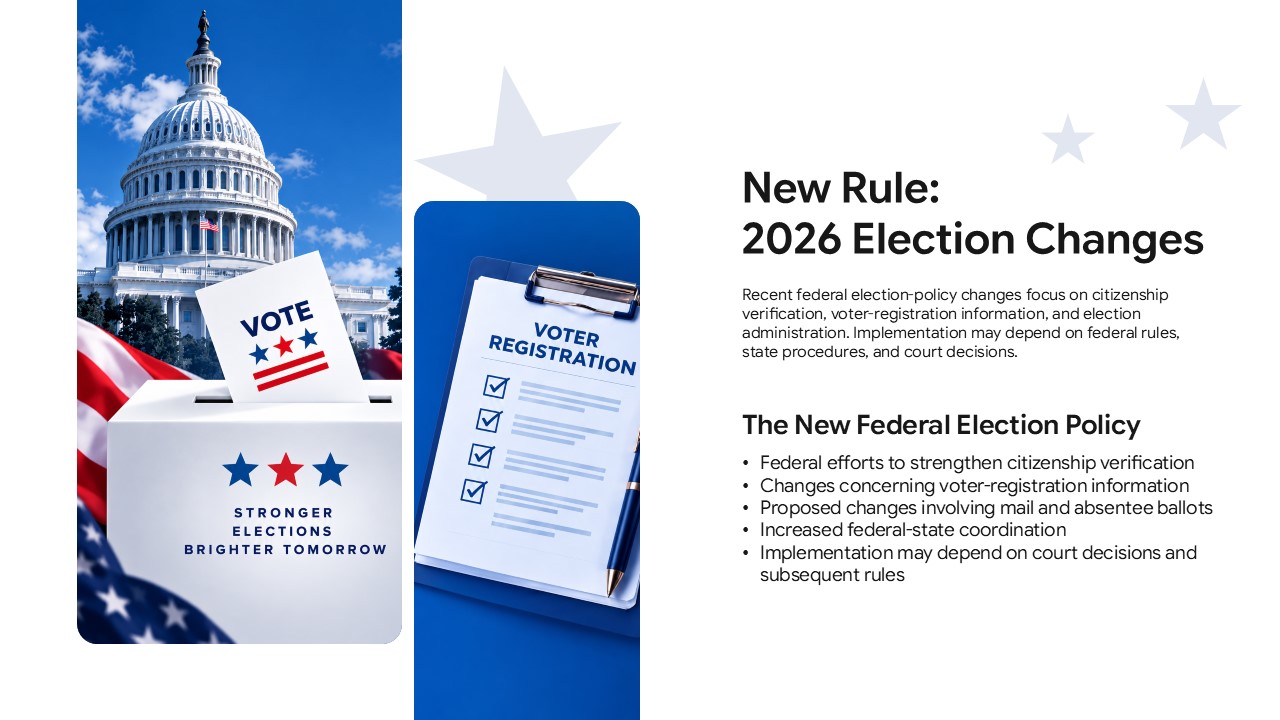 2026 Election Rule Changes Template – blue slide with passport photos and a six-step first-time voter checklist for new citizens