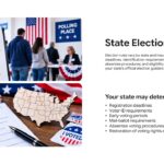 State Election Rules Template – blue slide with alternating red and white step cards and voter registration clipboard photo