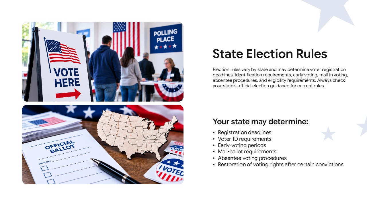 State Election Rules Template – blue slide with alternating red and white step cards and voter registration clipboard photo