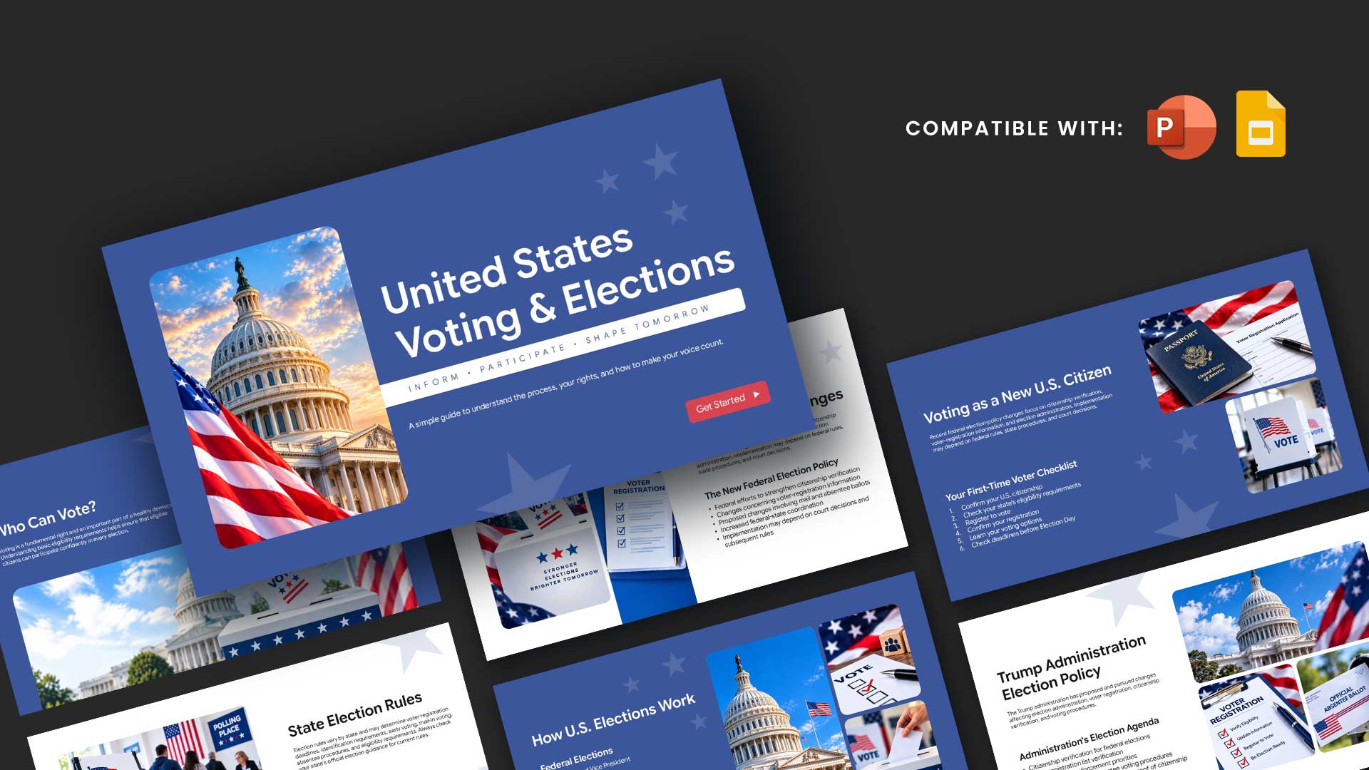 United States Voting & Elections Template – royal blue cover slide with Capitol photo, tagline, and red CTA button