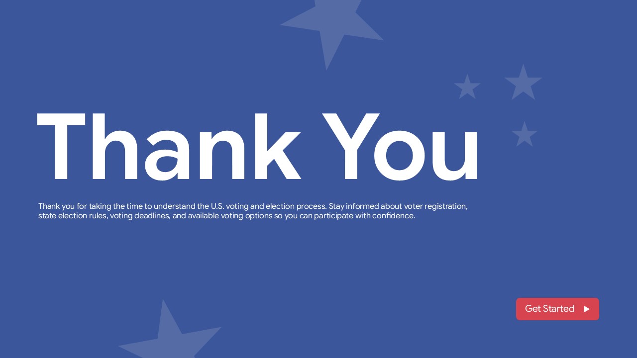 United States Voting & Elections Thank You Template – minimalist blue closing slide with large bold text and red CTA button