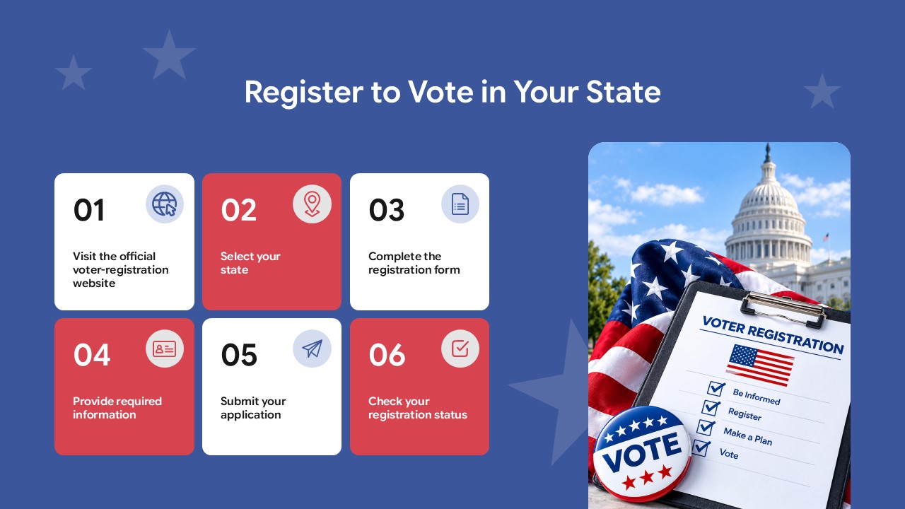 Voter Registration Steps Template – light gray slide with four bold red and blue action cards for pre-election preparation