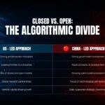 US AI Cold War Template - Comparison table contrasting US-led vs China-led AI approaches across five strategic dimensions