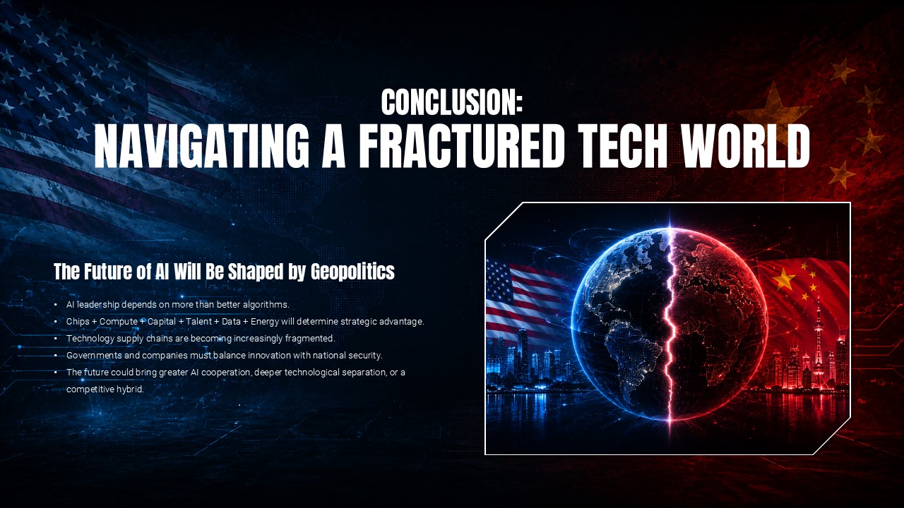 US AI Cold War Template - Conclusion slide summarizing AI geopolitics with a split-globe visual and three future scenario bullet points