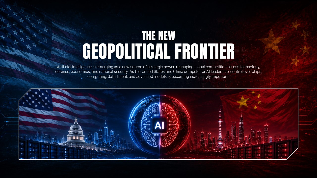 US AI Cold War Template - Geopolitical frontier intro slide with Washington DC vs Chinese city split panorama