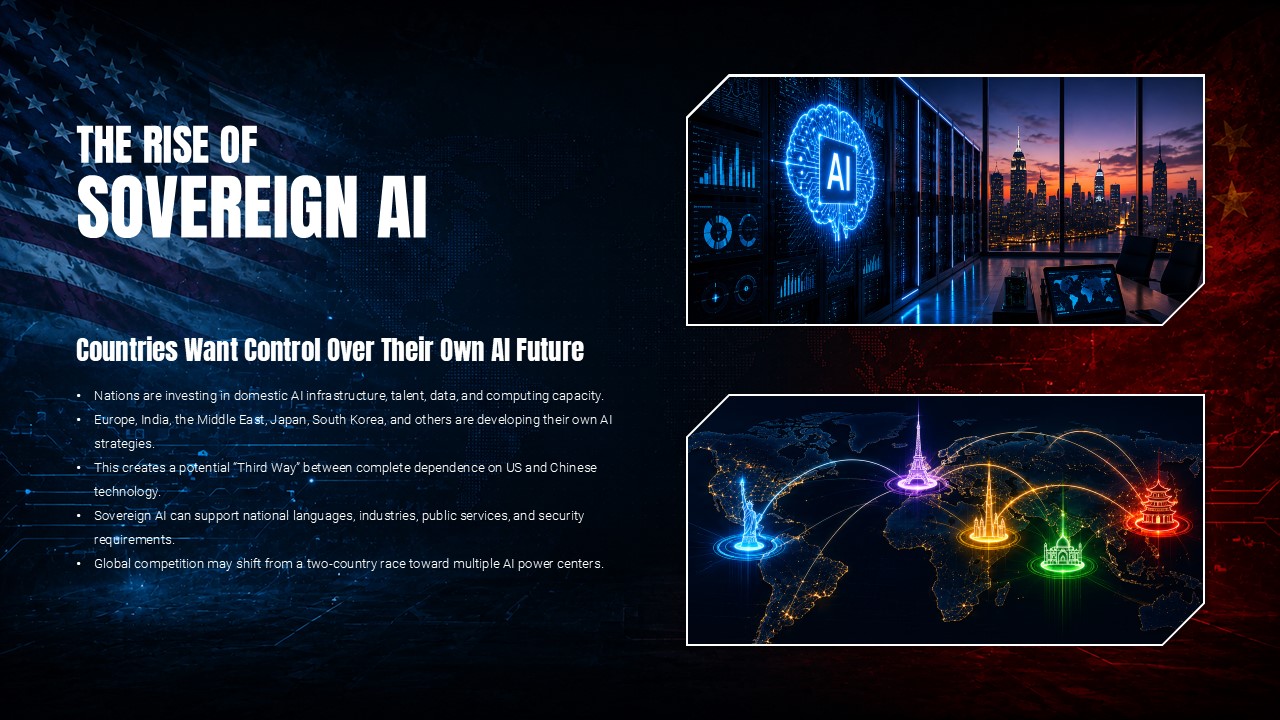 US AI Cold War Template - Sovereign AI slide exploring nations building independent AI infrastructure beyond US-China duopoly