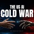 US AI Cold War Template - Cinematic cover slide with human and robotic hands reaching toward each other