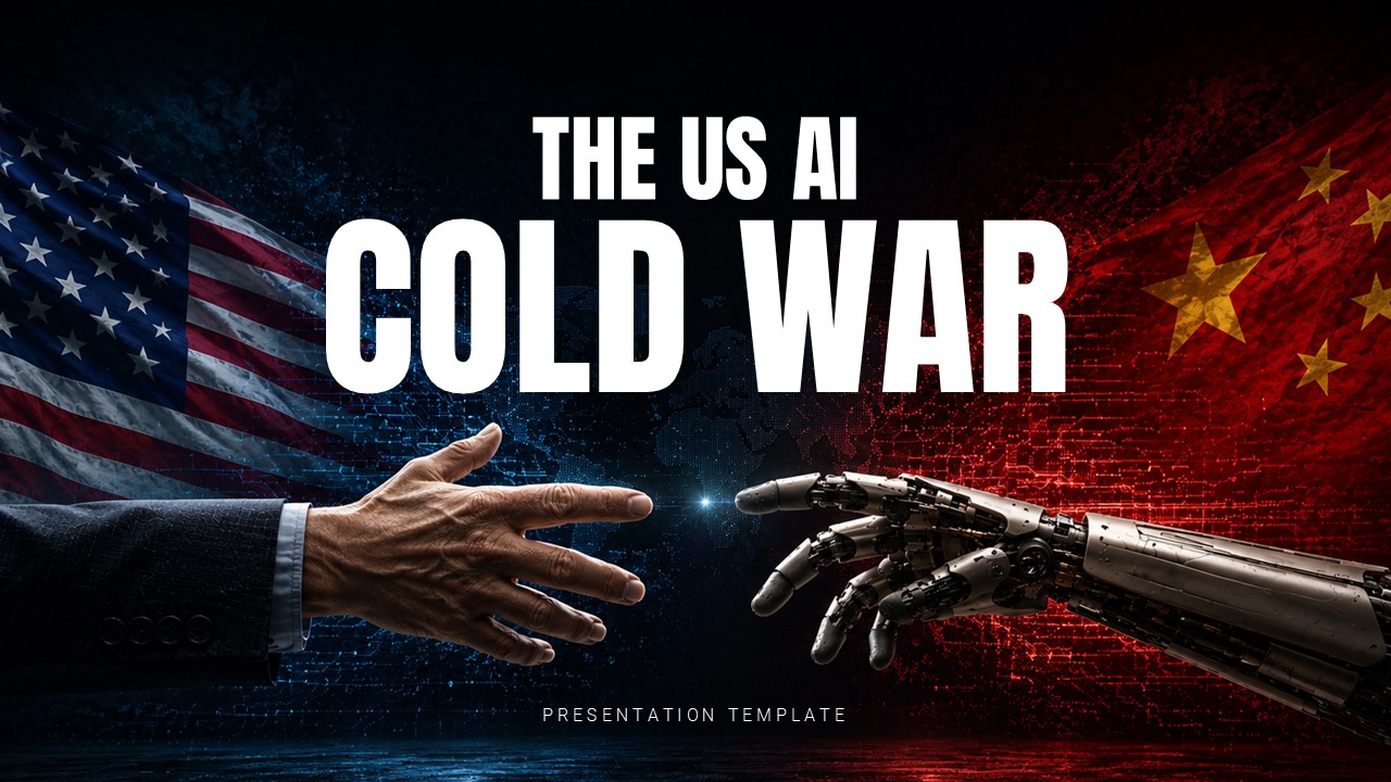 US AI Cold War Template - Cinematic cover slide with human and robotic hands reaching toward each other