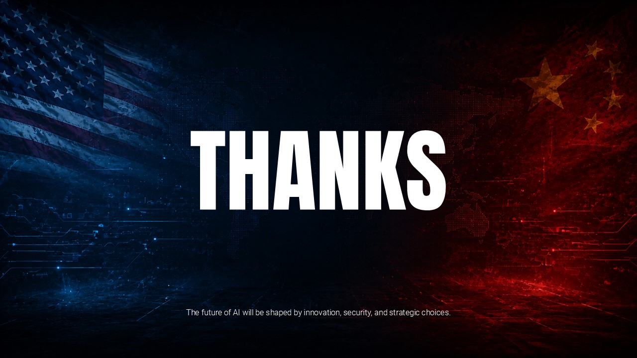 US AI Cold War Template - Closing thank you slide with bold typography and AI strategy tagline on blue-red split background