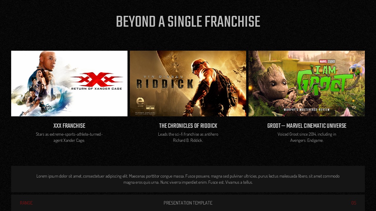 Vin Diesel Template - Beyond a single franchise slide showcasing XXX, Riddick, and Groot roles