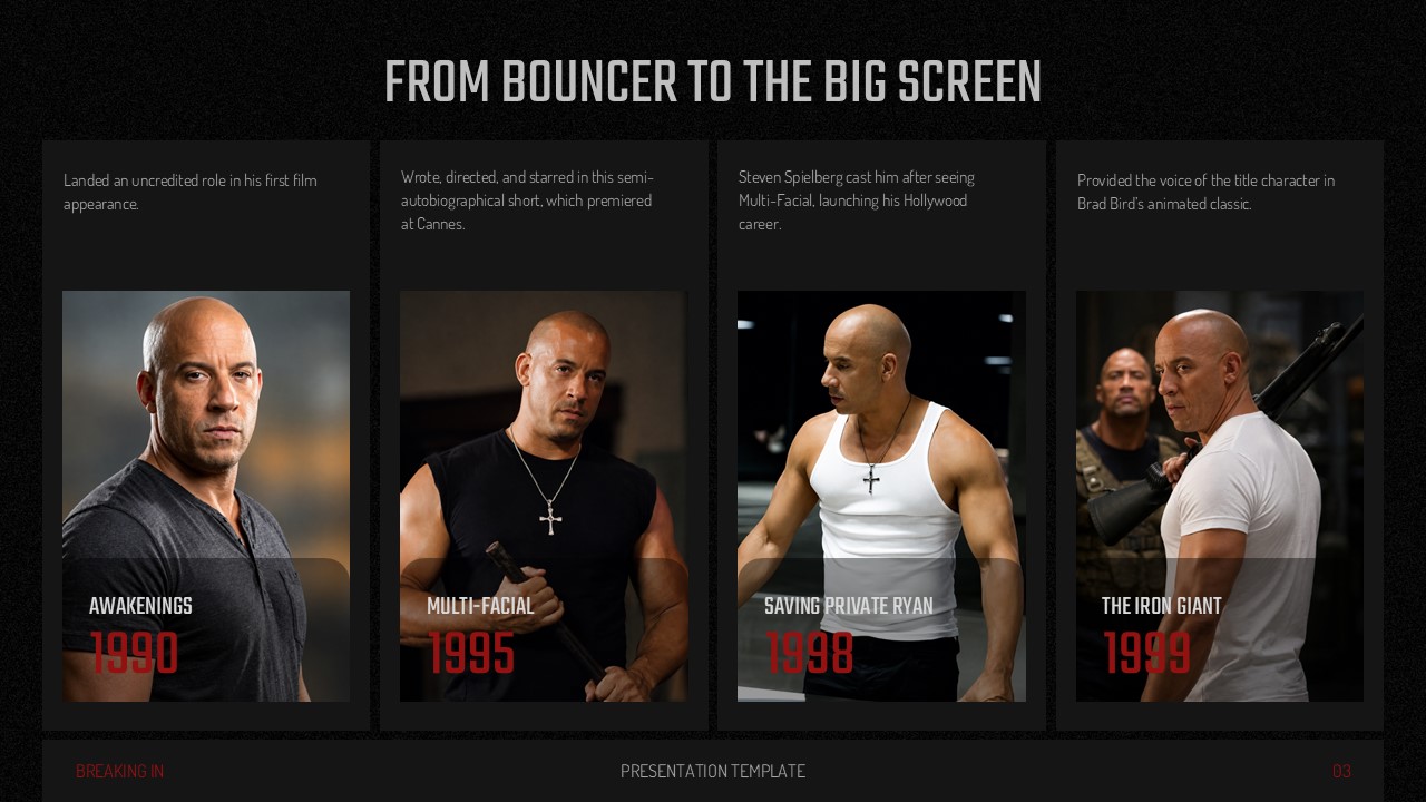 Vin Diesel Template - Career filmography timeline slide with four movie milestone cards from 1990–1999