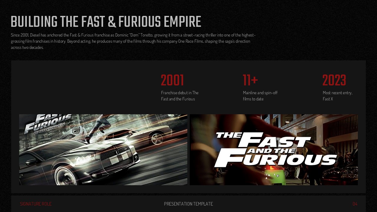 Vin Diesel Template - Fast and Furious franchise spotlight slide with stats, body text, and film imagery