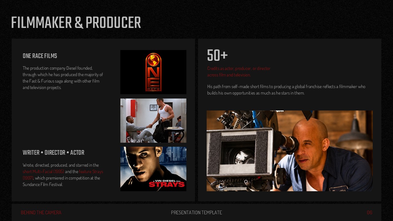 Vin Diesel Template - Filmmaker and producer slide with One Race Films profile and 50+ credits stat