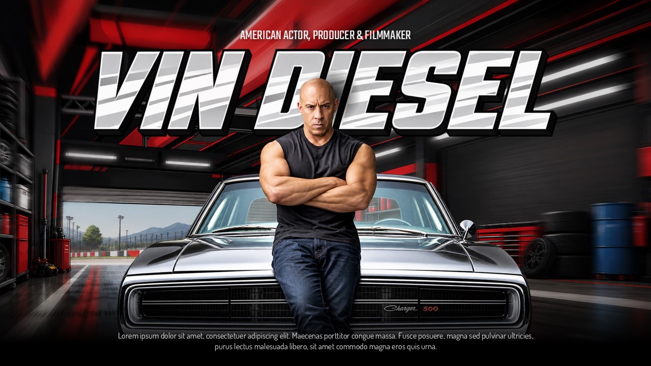 Vin Diesel Google Slides Template - Early life biography slide with two-column layout and portrait photo
