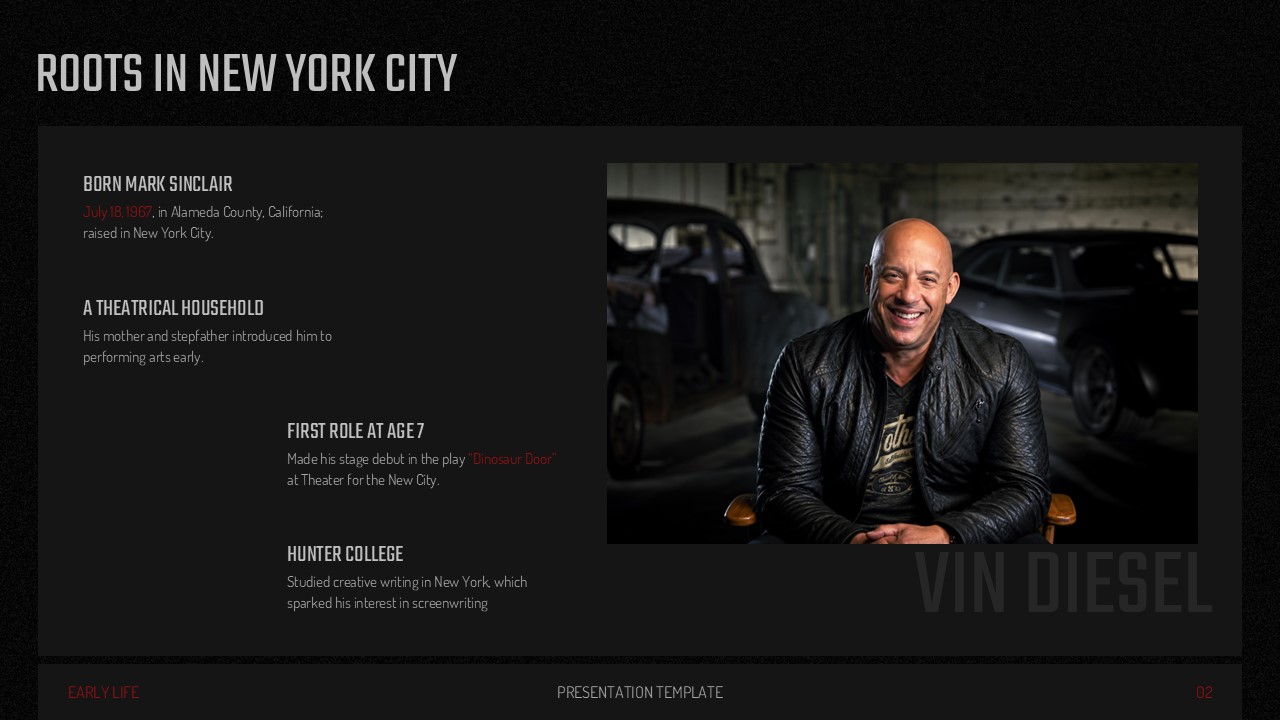 Vin Diesel Template - Roots in New York City early life slide with four biographical content blocks
