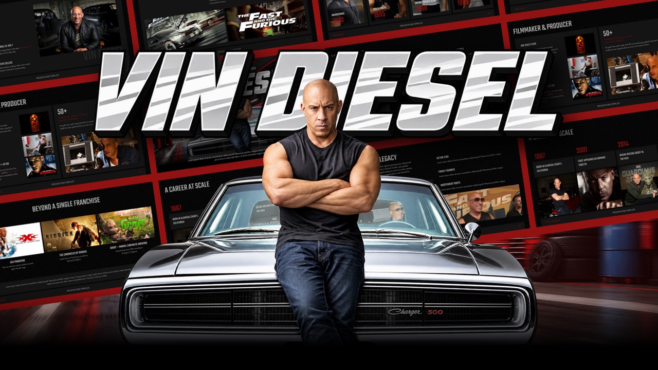 Vin Diesel Template - Dark cinematic cover with red accents, slide previews, and classic Dodge Charger