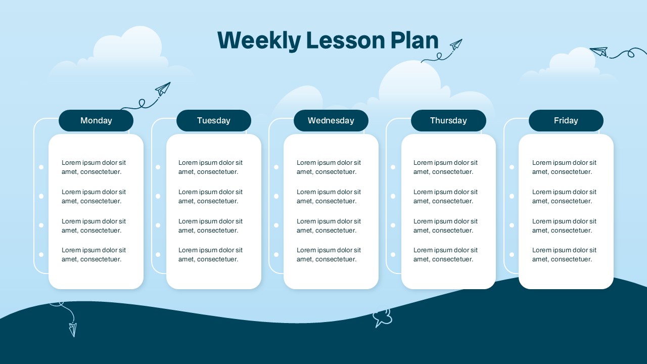 Weekly Lesson Plan Google Slides Template - Five-column Monday–Friday planner with cloud illustrations and teal headers