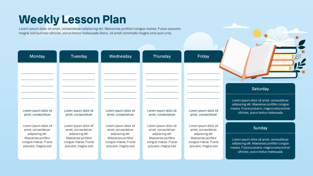 Weekly Lesson Plan Seven-Day Planner Template - Full week layout with dashed entry lines and colorful stacked book graphic
