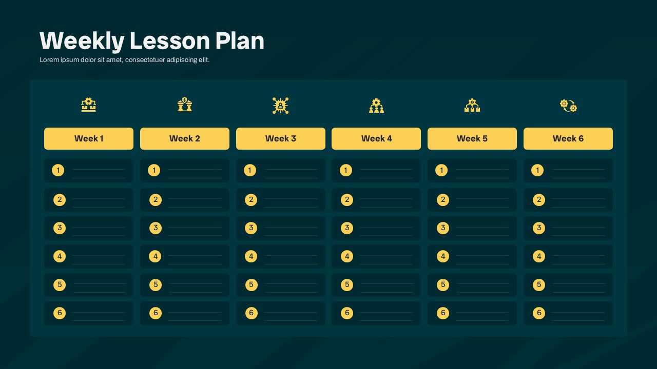 Weekly Lesson Plan Six-Week Curriculum Matrix Template - Dark teal grid with yellow week headers and numbered topic slots