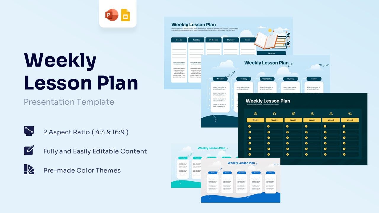 Weekly Lesson Plan Template - Multi-theme slide previews showcasing teal, blue, and dark green planner layouts