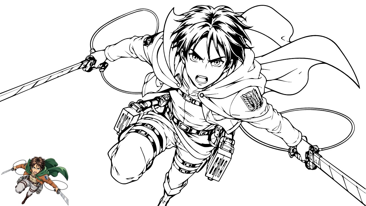 Anime Coloring Page - Eren Yeager from Attack on Titan with ODM gear in manga line art style