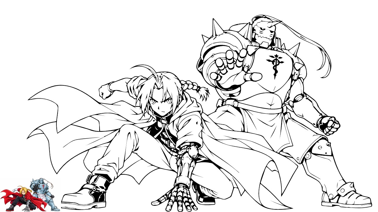 Anime Coloring Page - Edward and Alphonse Elric from Fullmetal Alchemist in battle poses