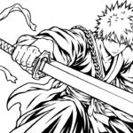 Anime Coloring Page - Ichigo Kurosaki from Bleach wielding Zangetsu sword in bold line art