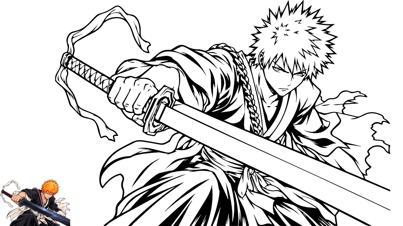 Anime Coloring Page - Ichigo Kurosaki from Bleach wielding Zangetsu sword in bold line art