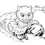 Anime Coloring Page - Inosuke Hashibira from Demon Slayer charging pose with dual blades