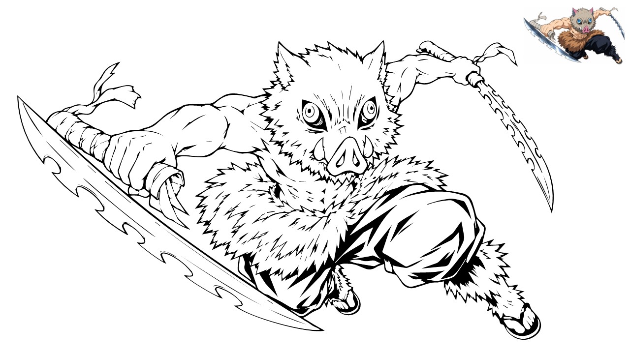 Anime Coloring Page - Inosuke Hashibira from Demon Slayer charging pose with dual blades