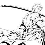 Anime Coloring Page - Roronoa Zoro from One Piece three-sword Santoryu pose in black and white