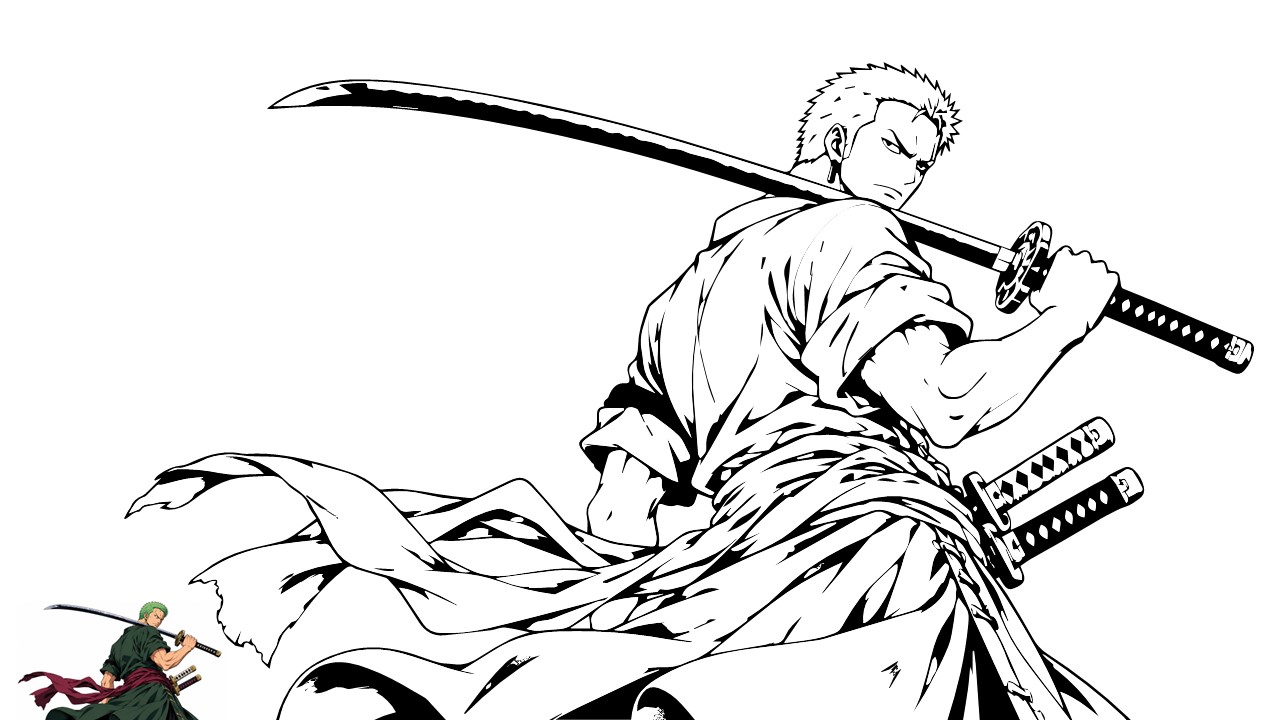 Anime Coloring Page - Roronoa Zoro from One Piece three-sword Santoryu pose in black and white